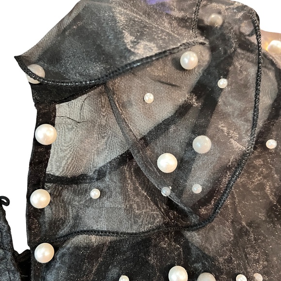 #A018  Nancy EveningGlam ModernElegance Black Organza Pearl Ruffle Blouse NWOT L - Picture 4 of 7